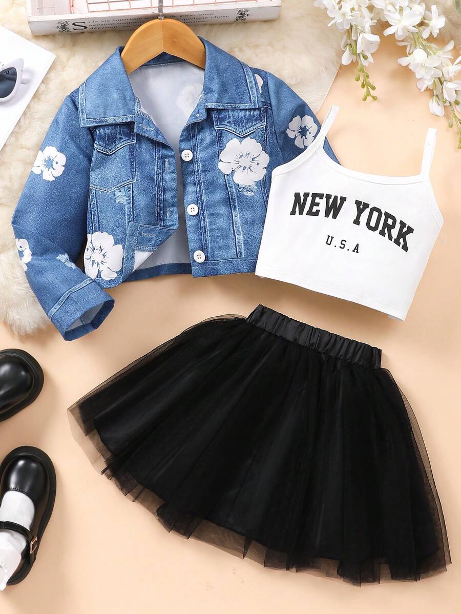 3 件套年轻女孩休闲可爱花卉印花夹克、吊带背心和网眼裙 3 件套，秋冬 - 彩色 - 查看 1