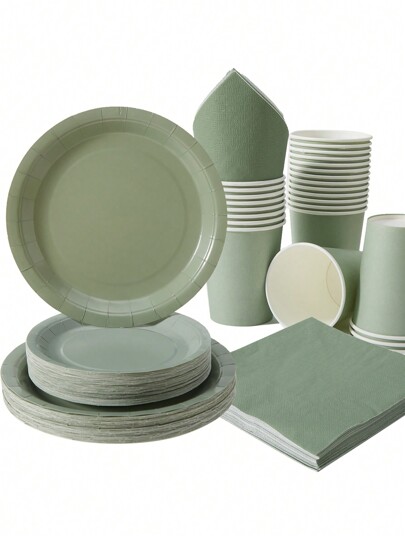 1 Set Of 25pcs Sage Green Color Disposable Plates, Napkins & Cups, Suitable For Parties, Birthdays, Weddings And Family Picnics