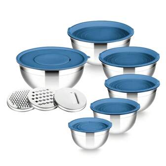 Juego de 15 piezas de tazones de acero inoxidable para mezclar con tapas y 3 ralladores (beige/azul/negro/rojo), tazones de almacenamiento anidados de acero inoxidable de 1 Qt/1.5 Qt/2 Qt/2.5 Qt/3.5 Qt/4 Qt con tapas, juego de utensilios de cocina, perfecto para mezclar, preparar, cocinar, servir, hacer ensaladas, apto para lavavajillas
