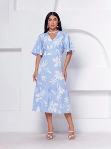 Short Sleeve Midi Dress With V-Neckline And Printed Waist - Màu xanh lam - Xem 1