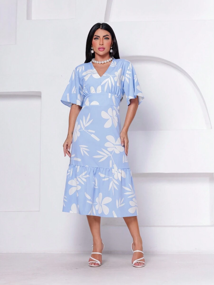Short Sleeve Midi Dress With V-Neckline And Printed Waist - Màu xanh lam - Xem 1