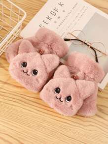 1双可爱兔子半指翻盖手套，冬季毛绒保暖卡通防寒，适合学生写字、键盘打字和日常使用