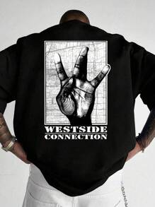 Men's Minimalist Hand Gesture Print Crew Neck Short Sleeve T-Shirt, Summer - Black - View 2