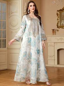 Siskakia穆斯林女士优雅派对礼服，花卉亮片方领长袍，奢华设计 - 白色 - 查看 5