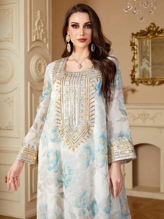  Siskakia 端庄连衣裙花卉亮片方领优雅派对礼服 Abaya 奢华穆斯林女性