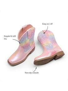 Kids Cowboy Boots, Western Style Riding Mid Calf Boots With Square Toe For Toddler & Little Boys And Girls - 淺粉色 - 查看 8
