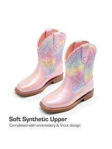 Kids Cowboy Boots, Western Style Riding Mid Calf Boots With Square Toe For Toddler & Little Boys And Girls - 淺粉色 - 查看 5