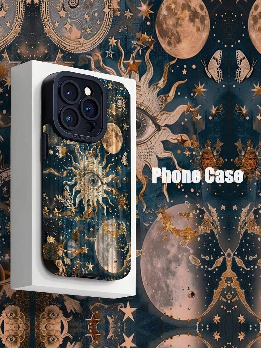1 件复古蓝色宇宙与眼睛图案垂直条纹仿皮防震防指纹手机壳,兼容 iPhone 和型号 - 彩色 - 查看 1