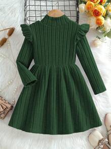 Rochie din fleece pentru fată tânără, culoare uni, guler înalt, mânecă cu șapcă în talie, la modă, lejer