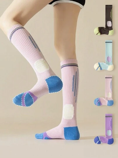 4 Pairs Women's Candy Color Splice Compression Socks, Sports/Leg Warmers For Autumn/Winter, Grunge, Casual, Y2K, Sports, Outdoor, Party, Goth, Back To School, Soft & Breathable Couples Sports Socks, For Gym