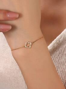 1pc Fashionable & Simple S925 Sterling Silver Cubic Zirconia Hollow Four-Leaf Clover Flower Bracelet, Everyday Wear For Women, Jewelry Gift For Valentine's Day, Holiday Valentines
