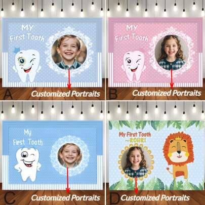 Customizable Name Photography Backdrop, Dreamy Pink & Blue, Record Your First Tooth Moment, Personalized Name Design, Vinyl Portrait Decoration Banner