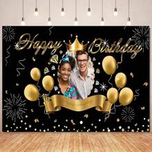 Zwarte en gouden achtergrond, aanpasbaar portret, gelukkige verjaardag, achtergrondstof, gouden ballonnen, vuurwerklinten, aangepaste portretontwerpen voor verjaardagsfeestjes, taart, tafeldecoratie, banner, vinyl