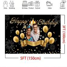 Zwarte en gouden achtergrond, aanpasbaar portret, gelukkige verjaardag, achtergrondstof, gouden ballonnen, vuurwerklinten, aangepaste portretontwerpen voor verjaardagsfeestjes, taart, tafeldecoratie, banner, vinyl