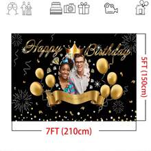 Zwarte en gouden achtergrond, aanpasbaar portret, gelukkige verjaardag, achtergrondstof, gouden ballonnen, vuurwerklinten, aangepaste portretontwerpen voor verjaardagsfeestjes, taart, tafeldecoratie, banner, vinyl
