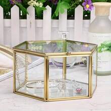 1 szt. Luksusowe sześciokątne szklane pudełko ekspozycyjne na biżuterię - ozdobne pudełka do przechowywania i organizacji - mosiężna rama, prezent ślubny, pierścionek, bransoletka, uchwyt na kolczyki, dzień matki, wiosenny wystrój pokoju domowego, stylowe etui do przechowywania dla kolekcjonerów biżuterii, słońce, podróż, fajny powrót do szkoły