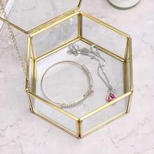 1 szt. Luksusowe sześciokątne szklane pudełko ekspozycyjne na biżuterię - ozdobne pudełka do przechowywania i organizacji - mosiężna rama, prezent ślubny, pierścionek, bransoletka, uchwyt na kolczyki, dzień matki, wiosenny wystrój pokoju domowego, stylowe etui do przechowywania dla kolekcjonerów biżuterii, słońce, podróż, fajny powrót do szkoły