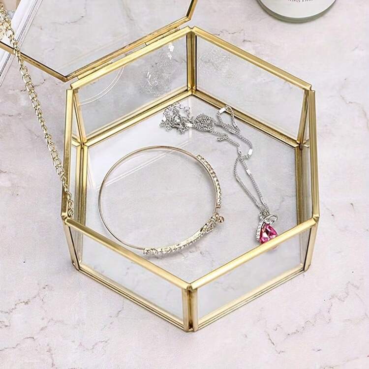 1pc Luxurious Hexagonal Glass Jewelry Display Box - Decorative Boxes For Storage And Organization - Brass Frame, Wedding Gift, Ring, Bracelet, Earring Holder, Mother's Day, Spring Season Home Room Decor, Stylish Storage Case For Jewelry Collector Sun Travel Cool Back To School - Transparent Gold - View 4