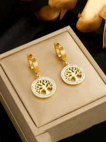 Stainless Steel Heart & Tree Of Life Rhinestone Pendant Necklace + Earrings Jewelry Set For Women, Suitable For Daily Wear, Gift - Yellow Gold - View 10