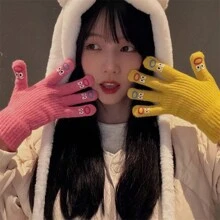 Autumn And Winter Cute, Funny, Ugly, Cute Expressions, Exposed Touch Screen, Five Finger Gloves, Women's Autumn And Winter Knitted Yarn Warm Gloves, Random Color 1pc
