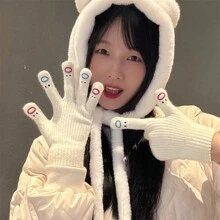 Autumn And Winter Cute, Funny, Ugly, Cute Expressions, Exposed Touch Screen, Five Finger Gloves, Women's Autumn And Winter Knitted Yarn Warm Gloves, Random Color 1pc