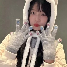 Autumn And Winter Cute, Funny, Ugly, Cute Expressions, Exposed Touch Screen, Five Finger Gloves, Women's Autumn And Winter Knitted Yarn Warm Gloves, Random Color 1pc