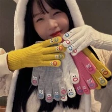Autumn And Winter Cute, Funny, Ugly, Cute Expressions, Exposed Touch Screen, Five Finger Gloves, Women's Autumn And Winter Knitted Yarn Warm Gloves, Random Color 1pc