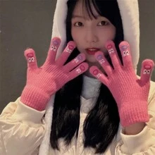 Autumn And Winter Cute, Funny, Ugly, Cute Expressions, Exposed Touch Screen, Five Finger Gloves, Women's Autumn And Winter Knitted Yarn Warm Gloves, Random Color 1pc