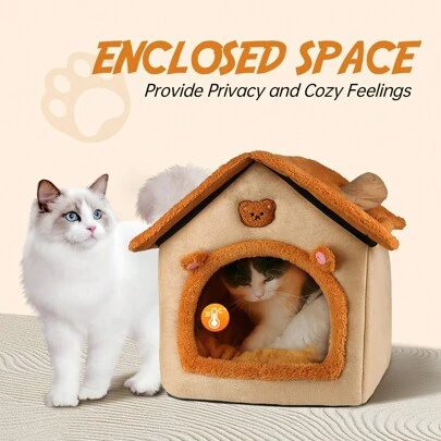 1 件加厚全封闭式猫狗窝，可折叠宠物床，可拆卸清洗，适合夏季空调房，适合猫和小型犬四季使用