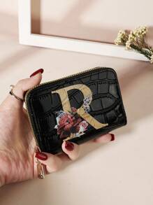 Cartera organizadora de tarjetas con cremallera alrededor, estampado de flores y hojas en acuarela, letras del alfabeto con relieve de piedra y estampado de cocodrilo, de múltiples capas, portátil y minimalista, ideal como regalo de aniversario, cumpleaños, para pareja, niña, mujer, para llevar a la escuela, universidad o como complemento de moda - Negro - Ver 10