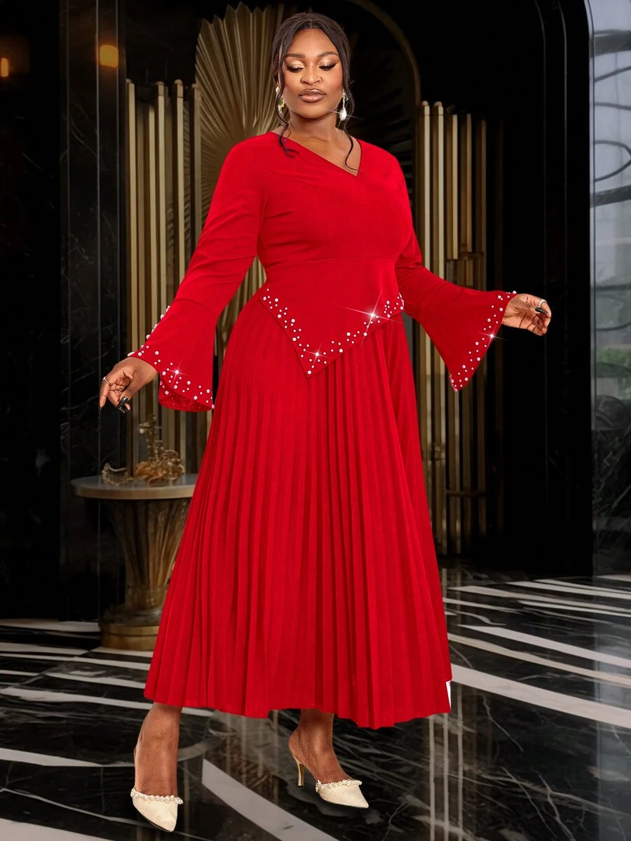 Abito da donna taglie forti con scollo a V, decorato con perle, maniche a zampa d'elefante increspate, gonna plissettata, elegante abito da ballo a manica lunga semi-formale, adatto per compleanni, matrimoni, lauree, feste di fine anno