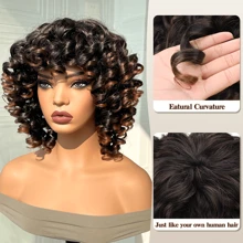 Ombre Brown Wig 14 Inch Curly Wigs Short Curly Wig With Bangs Heat Resistant Synthetic Fiber Hair Cosplay Wigs - 漸層棕色 - 查看 4