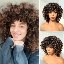 Ombre Brown Wig 14 Inch Curly Wigs Short Curly Wig With Bangs Heat Resistant Synthetic Fiber Hair Cosplay Wigs - 漸層棕色 - 查看 3