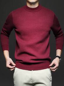 Áo len dệt kim cổ đứng dài tay màu trơn đơn giản cho nam, nhẹ cho mùa thu/đông - Màu Đỏ Sâu - Xem 2
