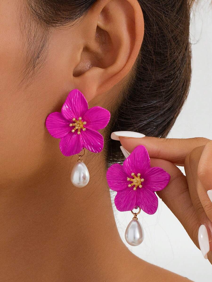 1 par de pendientes de botón con diseño de flor de rosa y perla, inspirados en la dopamina, de múltiples colores, regalo de boda para damas - Rosa Fucsia - Ver 1