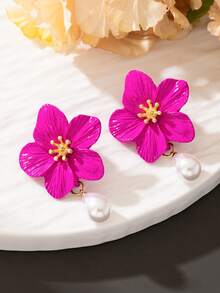 1 par de pendientes de botón con diseño de flor de rosa y perla, inspirados en la dopamina, de múltiples colores, regalo de boda para damas - Rosa Fucsia - Ver 2
