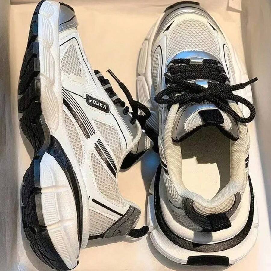 Women Platform Sneakers Mixed Colors Running Sports Shoes Soft Tennis Shoes Casual Vintage Outdoor Lace Up Comfortable Sneakers - Black - View 1