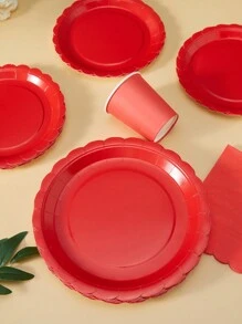 Big Red Petals 一次性餐盘、餐巾和纸杯套装，Big Red Petals 餐盘、餐巾和纸杯派对用品，可供 25 位客人使用，一次性纸盘派对餐具，适用于生日婚礼派对家庭野餐 - 紅色 - 查看 5