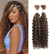 Human Braiding Hair 2 Bundles/Pack 100g Highlight 4/27 Curly Deep Wave Human Bulk Hair For Braiding No Weft 10A Brazilian Virgin Human Braiding Hair For Boho Braids (Highlight 4/27, 20 Inch) - Piano Color - View 7