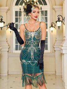 LNVES 1920 年代复古盖茨比舞会礼服，串珠亮片流苏下摆连衣裙，适合女士返校派对礼服