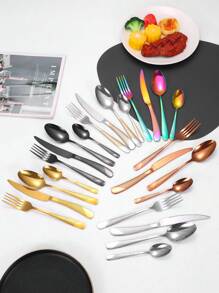 Christmas 4/16/24/32pcs Stainless Steel Knife, Fork, Spoon Cutlery Set, Suitable For Kitchen, Dining, Wedding, Party, Holiday Gift Home Decor New Year Gift - Gold - View 3