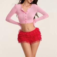 Women's Boy Short Panties Lace Ruffle Shorts Lolita Bloomers Y2k Fairy Layered Frill Cute Fluffy Micro Shorts Pettipants - 紅色 - 查看 3