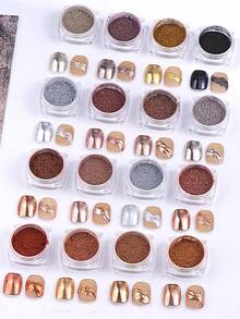 16 色金属镀铬指甲粉套装 Y2K 魔镜 RGold 棕色香槟色激光全息装饰摩擦闪光颜料片美甲配件美甲用品 - 彩色 - 查看 3