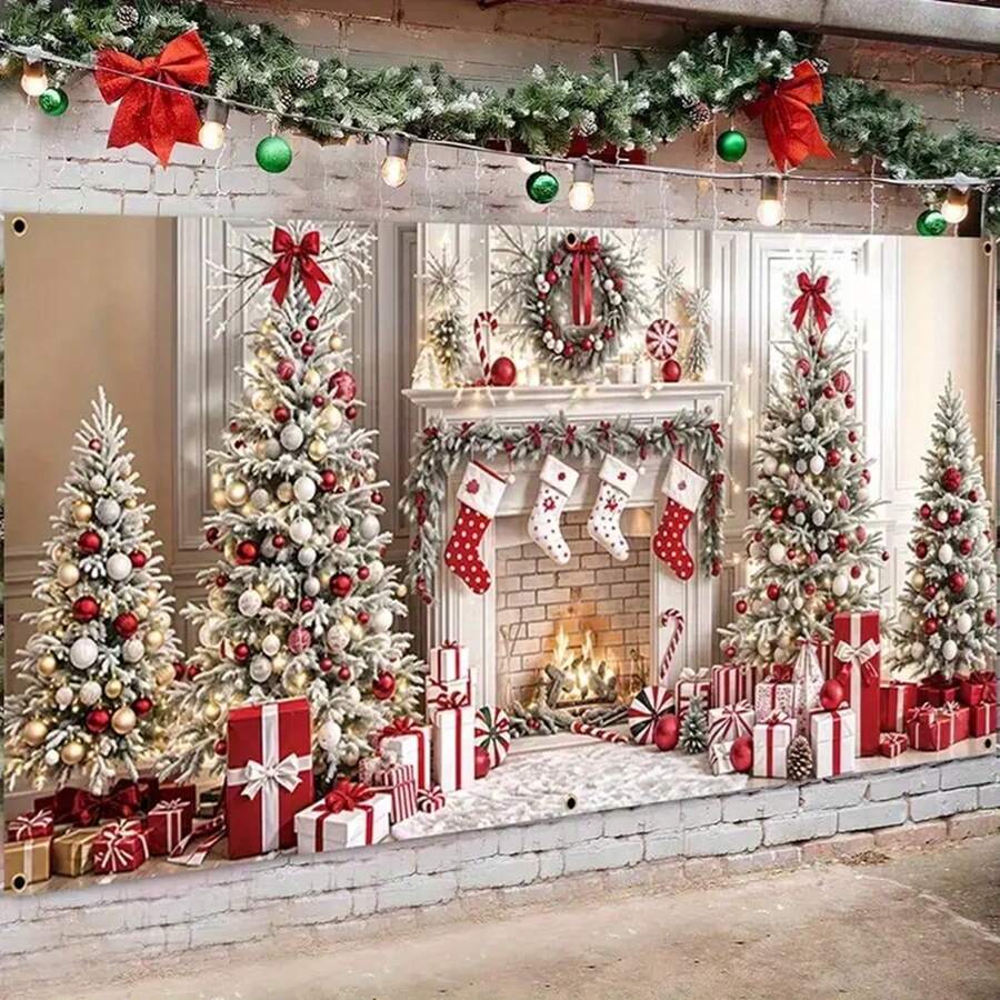 1pc Christmas Garage Door Banner, 71" X 157", Featuring Fireplace And Tree Patterns, Multi-Purpose Polyester Holiday Decor, No Power Or Battery Required - Multicolor - View 1