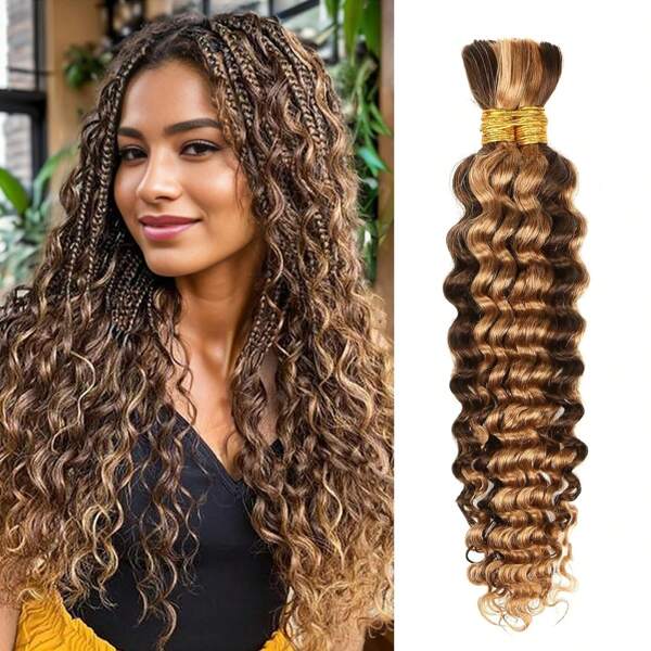 Human Braiding Hair Deep Wave Bulk Human Hair For Braiding Highlight 4/27 Honey Blonde 100g No Weft Curly Braiding Hair Extensions For Boho Braids Wet And Wavy Braiding Human Hair Bundles