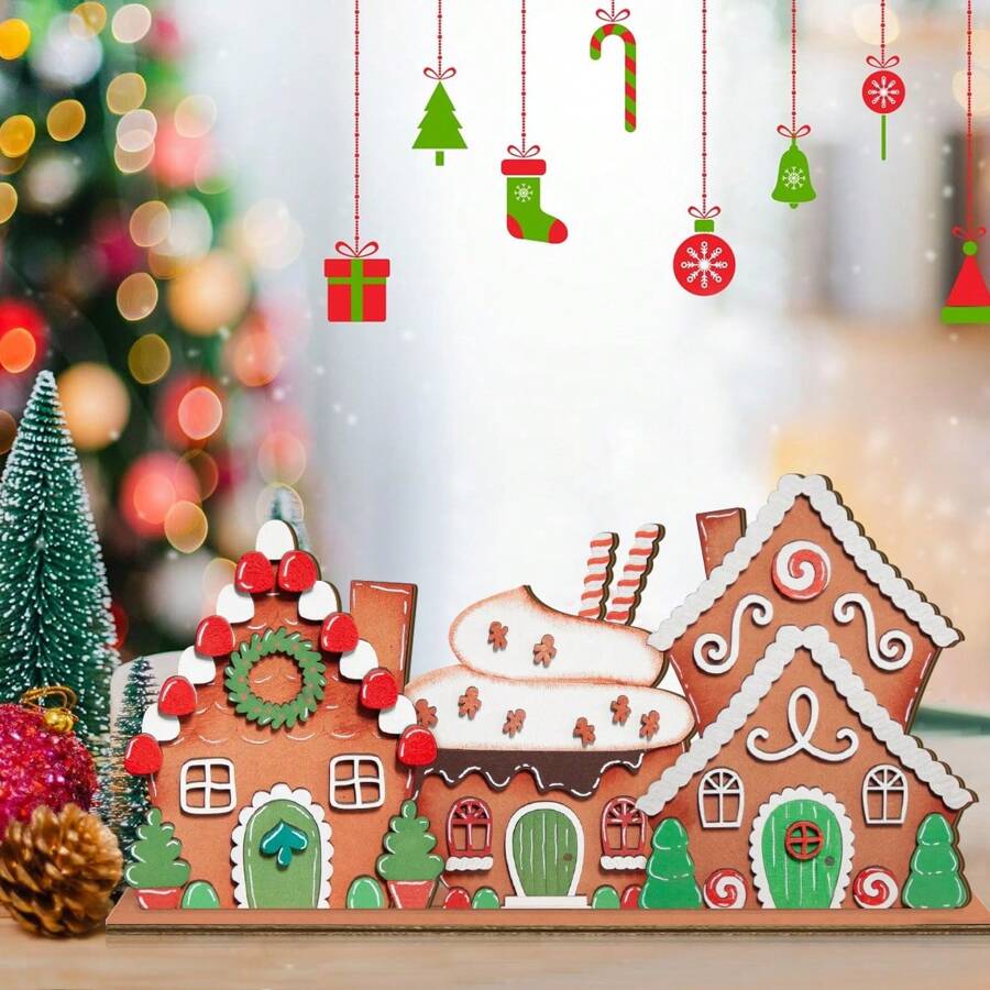 1Pc/125Pcs Christmas House Wooden Tabletop Decor Tiered Tray Decorations Rustic Winter Christmas House Sign For Farmhouse Xmas Party Table Decor(Without Tray) - Multicolor - View 1