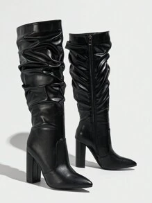 Women's Chunky Heel Ruched Boots For Autumn And Winter, Side Zipper Leather Thigh High Boots, Sexy Party Boots, Black