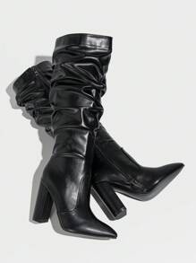 Women's Chunky Heel Ruched Boots For Autumn And Winter, Side Zipper Leather Thigh High Boots, Sexy Party Boots, Black