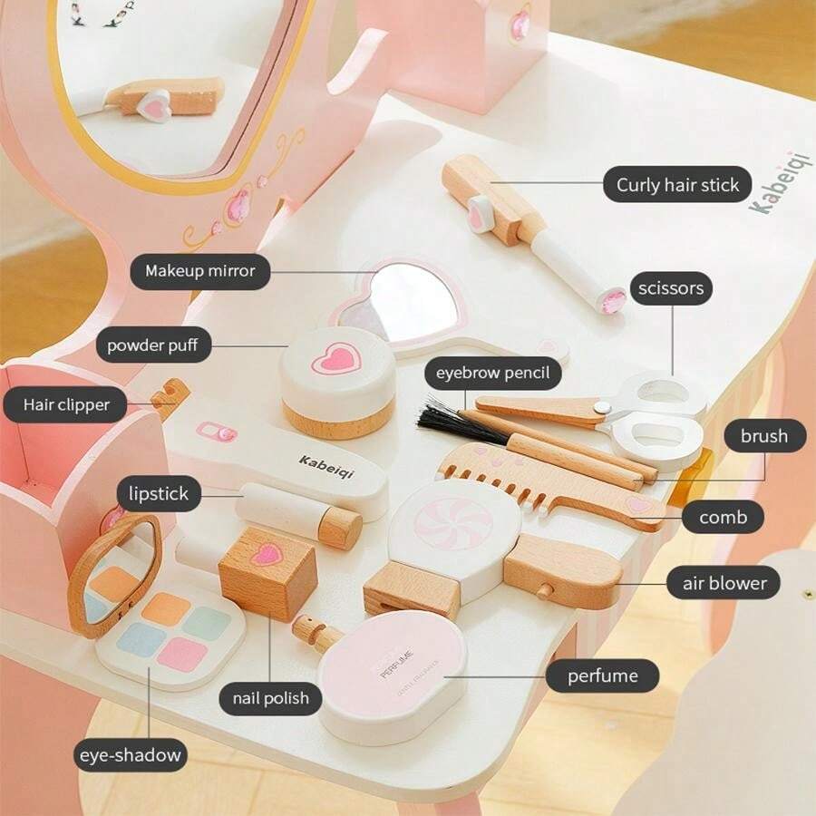 Kids Wooden Pretend Play Makeup Vanity, Girls Role Play Interactive