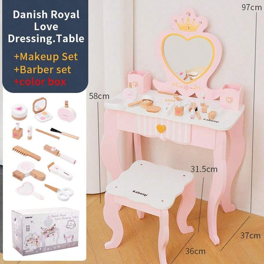 Kids Wooden Pretend Play Makeup Vanity, Girls Role Play Interactive